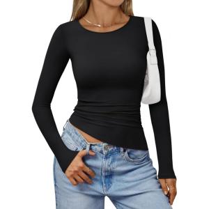 Trendy Queen Womens Long Sleeve Shirts Asymmetrical Ruched Going Out Slim Fit Tees Sexy Cute Y2k Fall Fashion Tops 2025(Black)