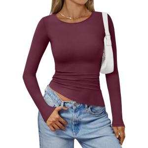 Trendy Queen Womens Long Sleeve Shirts Asymmetrical Ruched Going Out Slim Fit Tees Sexy Cute Y2k Fall Fashion Tops 2025(Burgundyred)