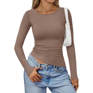 Trendy Queen Womens Long Sleeve Shirts Asymmetrical Ruched Going Out Slim Fit Tees Sexy Cute Y2k Fall Fashion Tops 2025(Coffeegrey)