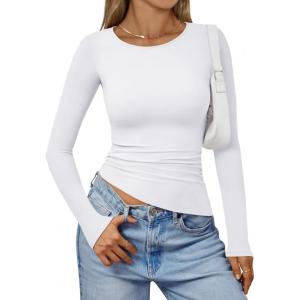 Trendy Queen Womens Long Sleeve Shirts Asymmetrical Ruched Going Out Slim Fit Tees Sexy Cute Y2k Fall Fashion Tops 2025(White)