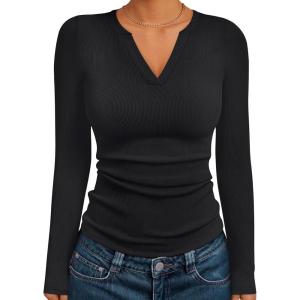 Trendy Queen Womens Long Sleeve Shirts V Neck Ribbed Knit Fall Tops Henley Teen Girls Basic Tee 2025(Black)