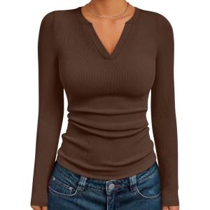 Trendy Queen Womens Long Sleeve Shirts V Neck Ribbed Knit Fall Tops Henley Teen Girls Basic Tee 2025(Brown)