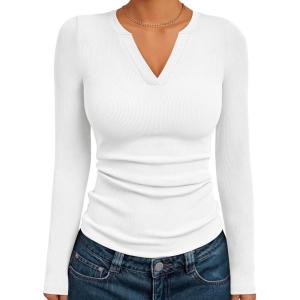 Trendy Queen Womens Long Sleeve Shirts V Neck Ribbed Knit Fall Tops Henley Teen Girls Basic Tee 2025(White)