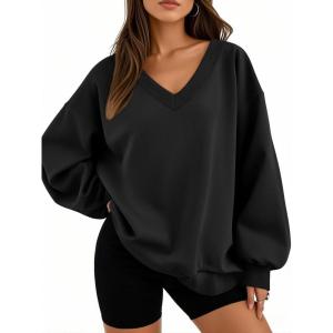 Trendy Queen Womens Oversized Sweatshirts Fall Fashion V Neck Hoodies Loose Fit Winter Outfits Teen Girl Clothes 2025(Black)