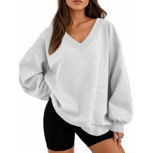 Trendy Queen Womens Oversized Sweatshirts Fall Fashion V Neck Hoodies Loose Fit Winter Outfits Teen Girl Clothes 2025(Grey)