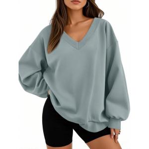 Trendy Queen Womens Oversized Sweatshirts Fall Fashion V Neck Hoodies Loose Fit Winter Outfits Teen Girl Clothes 2025(Greygreen)