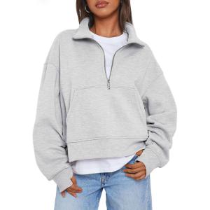 Trendy Queen Womens Sweatshirts Quarter Zip Pullover Oversized Cropped Sweater Fall Winter Hoodies(Grey)