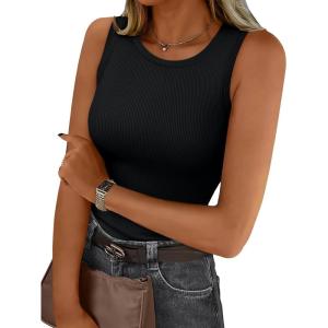 Trendy Queen Womens Tank Tops Summer Fashion 2025 Workout Ribbed Sleeveless High Neck Beach Vacation Oufits Clothes(Black)