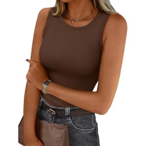 Trendy Queen Womens Tank Tops Summer Fashion 2025 Workout Ribbed Sleeveless High Neck Beach Vacation Oufits Clothes(Brown)