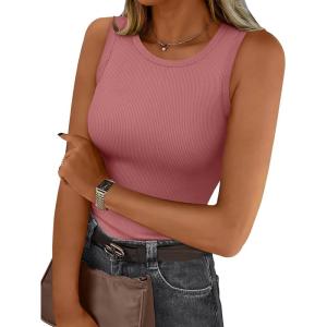 Trendy Queen Womens Tank Tops Summer Fashion 2025 Workout Ribbed Sleeveless High Neck Beach Vacation Oufits Clothes(Pink)