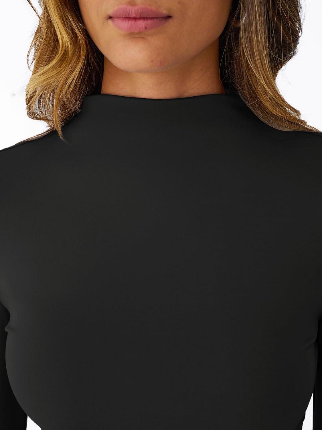 imageTrendy Queen Womens Long Sleeve Shirts Mock Neck Crop Tops Basic Turtleneck Tee Fall Fashion Thermal Underswear ClothesBlack