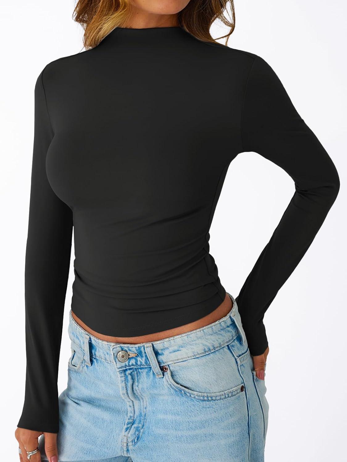 imageTrendy Queen Womens Long Sleeve Shirts Mock Neck Crop Tops Basic Turtleneck Tee Fall Fashion Thermal Underswear ClothesBlack