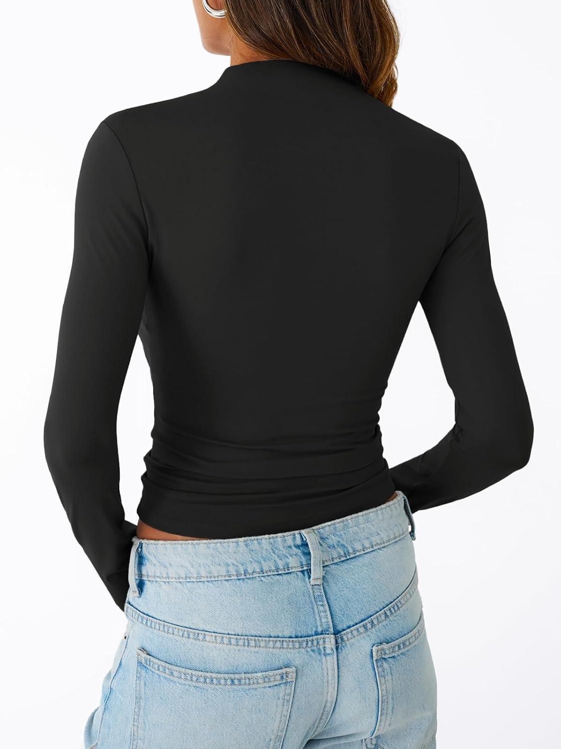 imageTrendy Queen Womens Long Sleeve Shirts Mock Neck Crop Tops Basic Turtleneck Tee Fall Fashion Thermal Underswear ClothesBlack