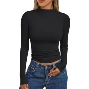 Trendy Queen Womens Long Sleeve Shirts Mock Neck Crop Tops Basic Turtleneck Tee Fall Fashion Thermal Underswear Clothes(Black)