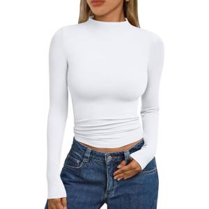 Trendy Queen Womens Long Sleeve Shirts Mock Neck Crop Tops Basic Turtleneck Tee Fall Fashion Thermal Underswear Clothes(White)