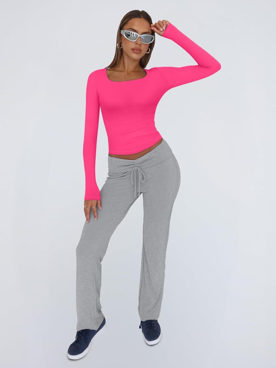 imageTrendy Queen Womens Long Sleeve Shirts Crop Tops Fall Fashion 2025 Square Neck Going Out Basics Tees Y2k ClothesBright Pink