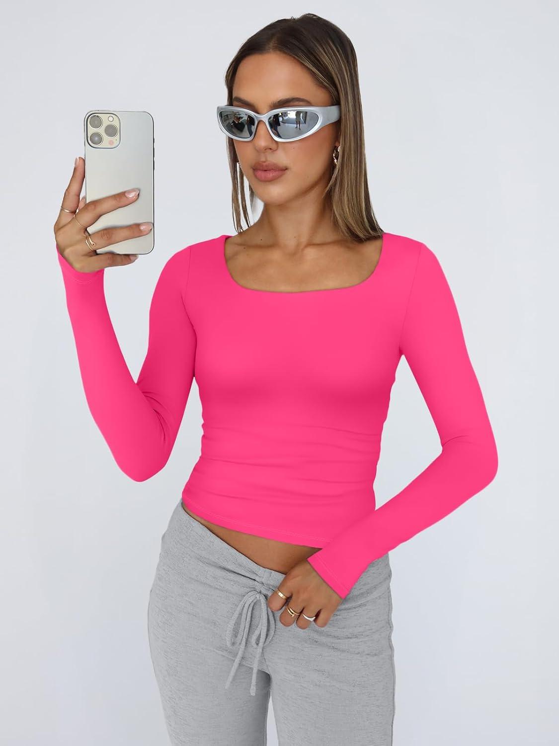 imageTrendy Queen Womens Long Sleeve Shirts Crop Tops Fall Fashion 2025 Square Neck Going Out Basics Tees Y2k ClothesBright Pink