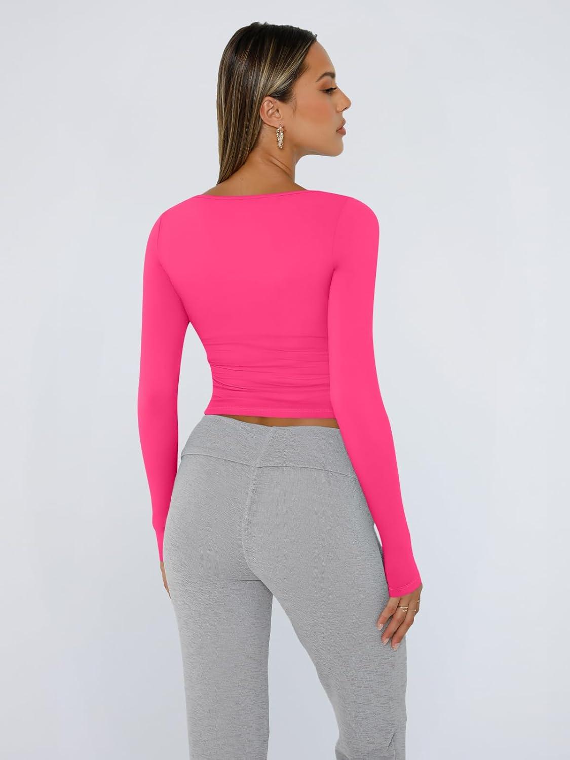 imageTrendy Queen Womens Long Sleeve Shirts Crop Tops Fall Fashion 2025 Square Neck Going Out Basics Tees Y2k ClothesBright Pink