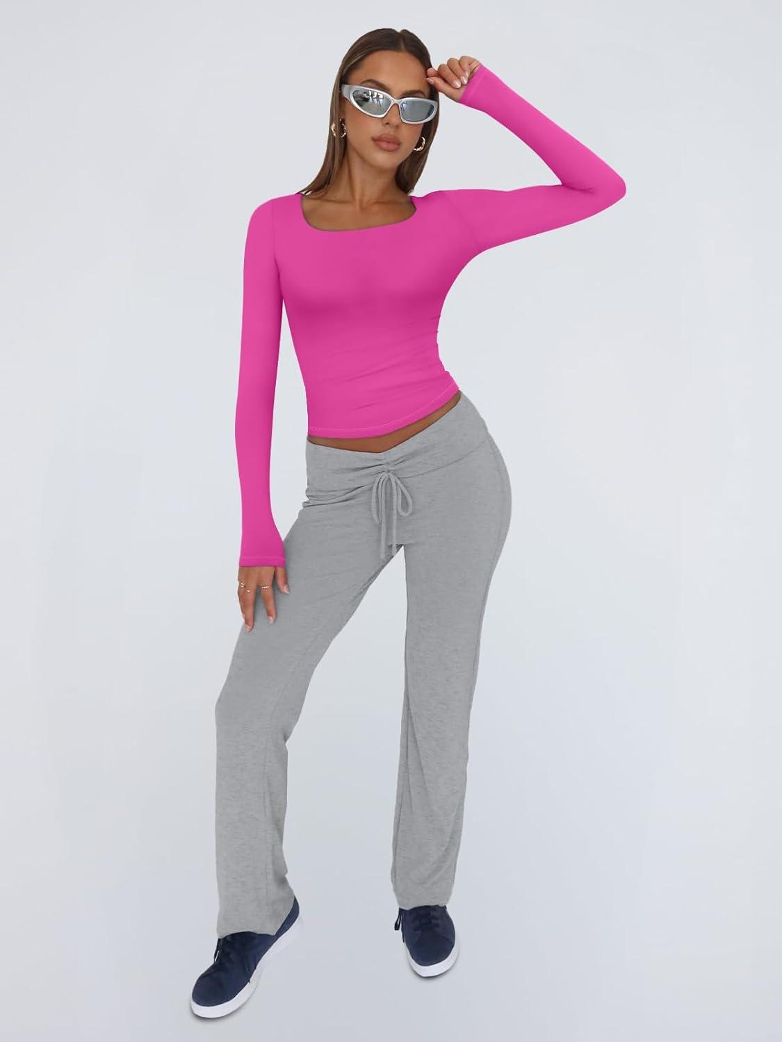 imageTrendy Queen Womens Long Sleeve Shirts Crop Tops Fall Fashion 2025 Square Neck Going Out Basics Tees Y2k ClothesHot Pink
