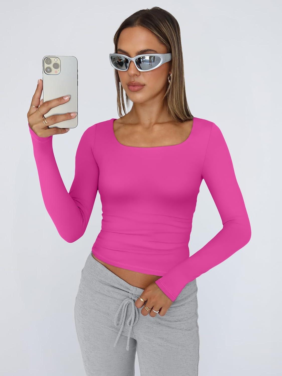 imageTrendy Queen Womens Long Sleeve Shirts Crop Tops Fall Fashion 2025 Square Neck Going Out Basics Tees Y2k ClothesHot Pink
