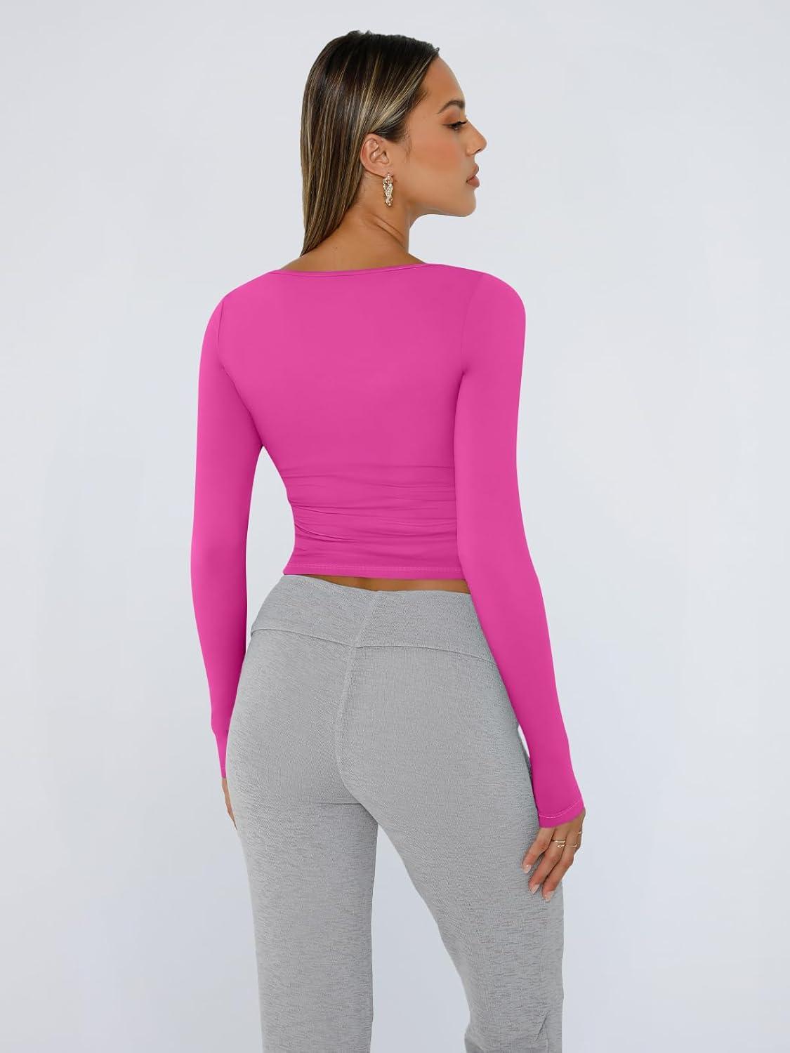 imageTrendy Queen Womens Long Sleeve Shirts Crop Tops Fall Fashion 2025 Square Neck Going Out Basics Tees Y2k ClothesHot Pink