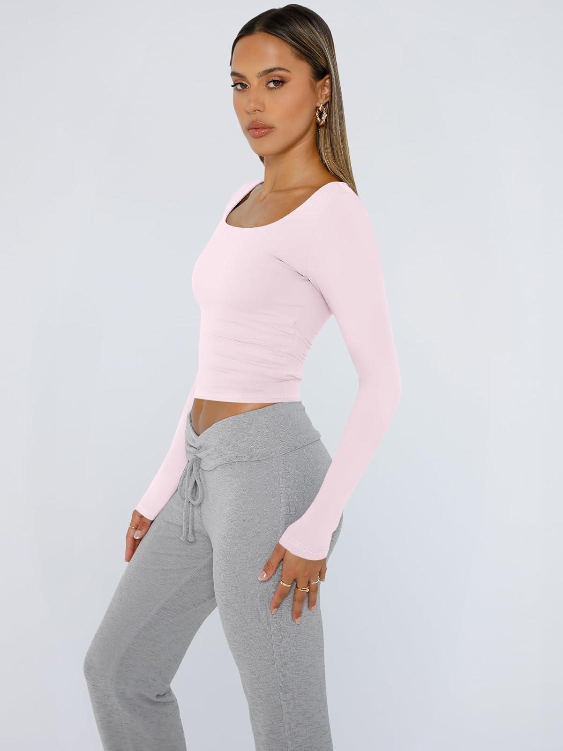 imageTrendy Queen Womens Long Sleeve Shirts Crop Tops Fall Fashion 2025 Square Neck Going Out Basics Tees Y2k ClothesLight Pink