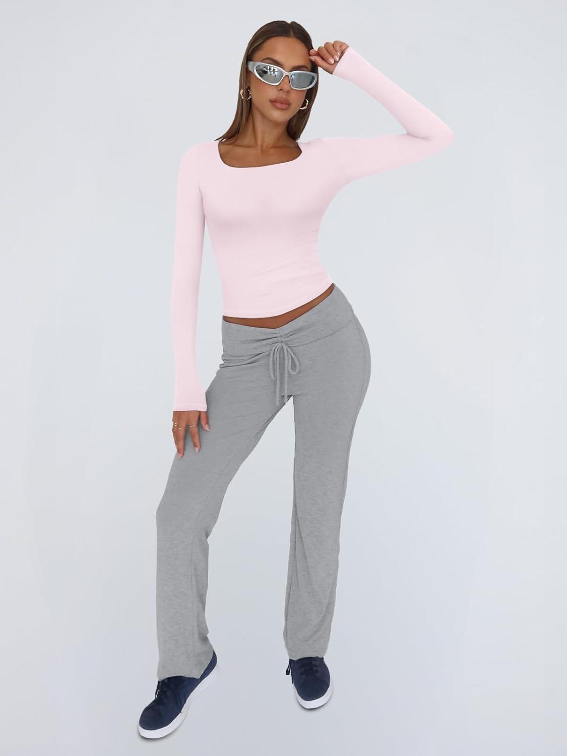 imageTrendy Queen Womens Long Sleeve Shirts Crop Tops Fall Fashion 2025 Square Neck Going Out Basics Tees Y2k ClothesLight Pink