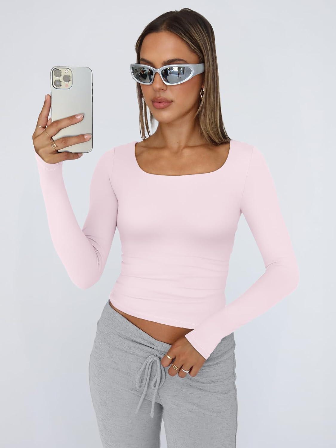 imageTrendy Queen Womens Long Sleeve Shirts Crop Tops Fall Fashion 2025 Square Neck Going Out Basics Tees Y2k ClothesLight Pink