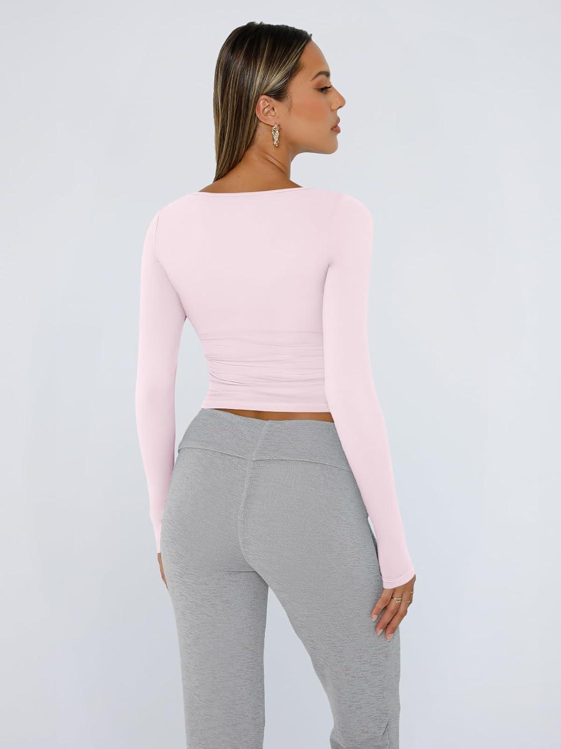 imageTrendy Queen Womens Long Sleeve Shirts Crop Tops Fall Fashion 2025 Square Neck Going Out Basics Tees Y2k ClothesLight Pink