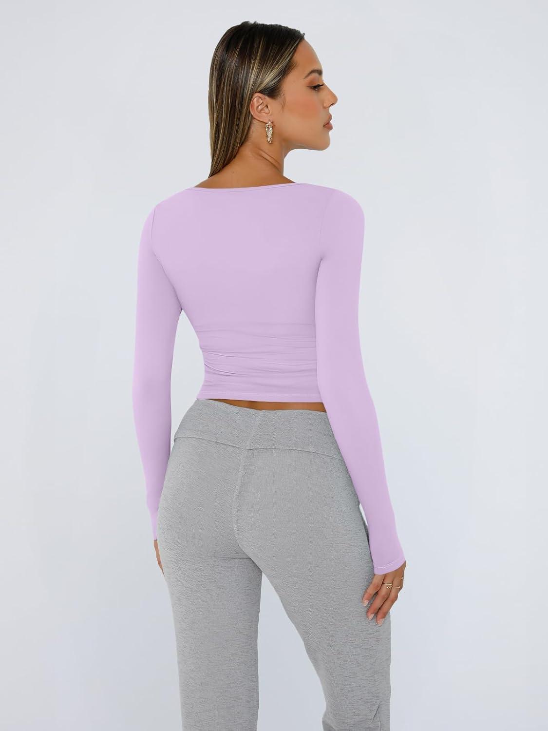 imageTrendy Queen Womens Long Sleeve Shirts Crop Tops Fall Fashion 2025 Square Neck Going Out Basics Tees Y2k ClothesLight Purple