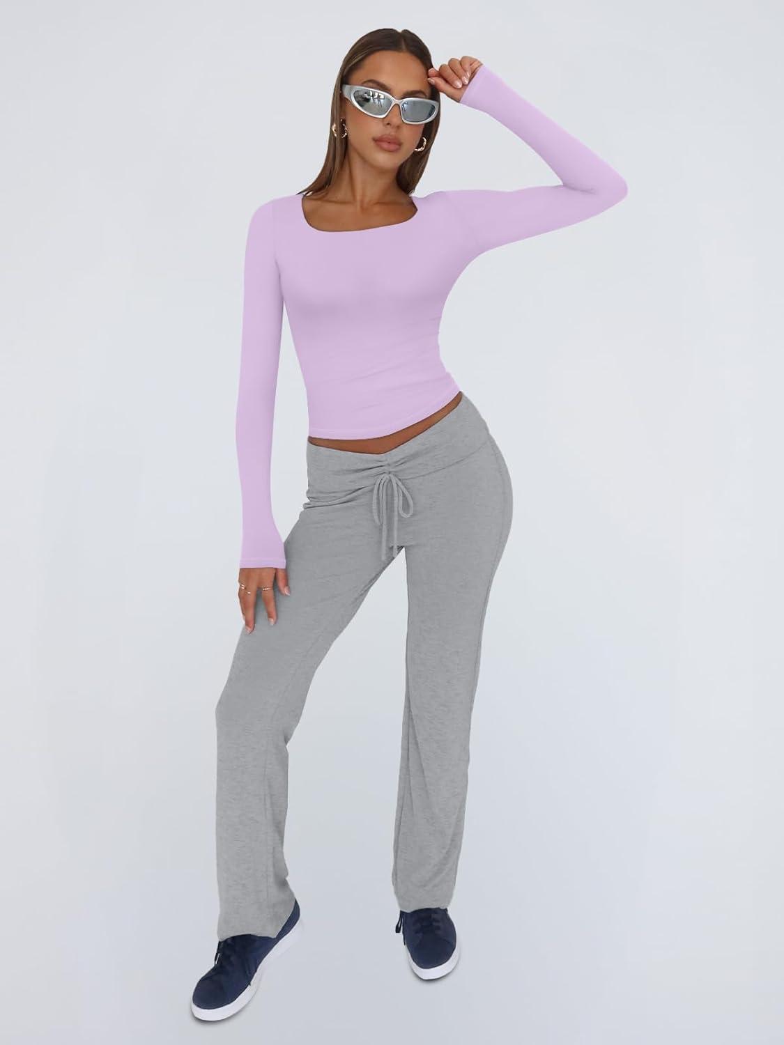 imageTrendy Queen Womens Long Sleeve Shirts Crop Tops Fall Fashion 2025 Square Neck Going Out Basics Tees Y2k ClothesLight Purple
