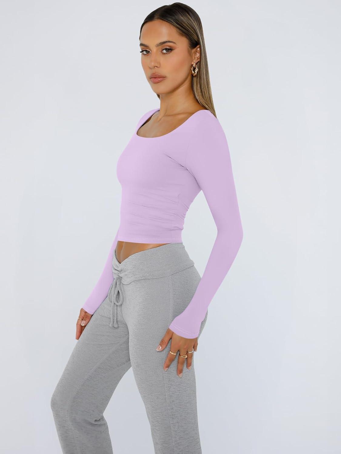 imageTrendy Queen Womens Long Sleeve Shirts Crop Tops Fall Fashion 2025 Square Neck Going Out Basics Tees Y2k ClothesLight Purple