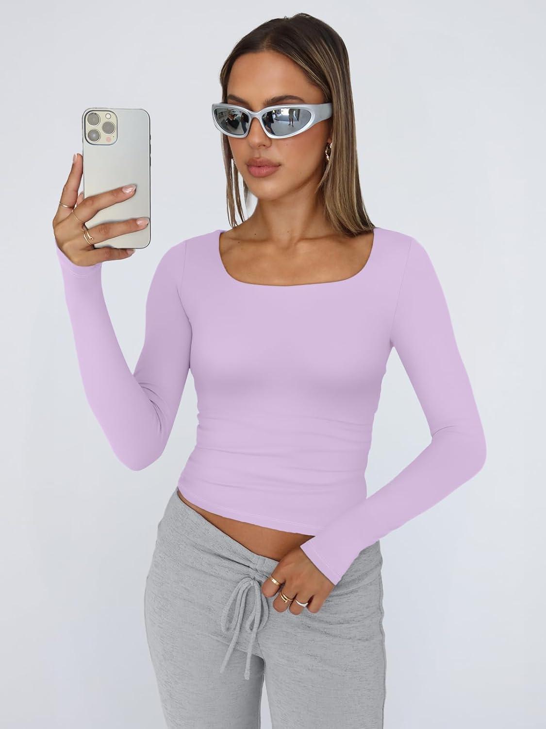 imageTrendy Queen Womens Long Sleeve Shirts Crop Tops Fall Fashion 2025 Square Neck Going Out Basics Tees Y2k ClothesLight Purple