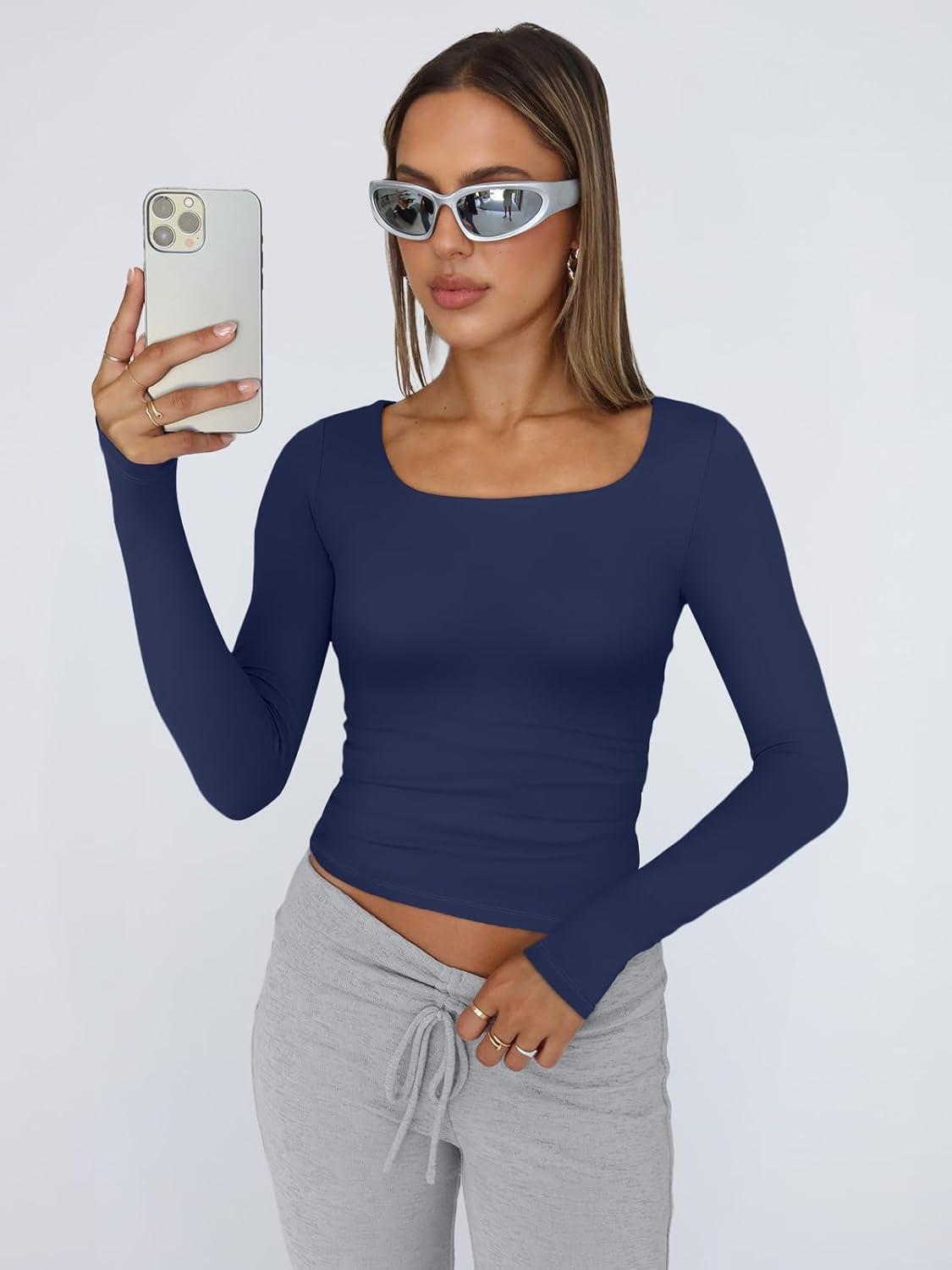 imageTrendy Queen Womens Long Sleeve Shirts Crop Tops Fall Fashion 2025 Square Neck Going Out Basics Tees Y2k ClothesNavy Blue