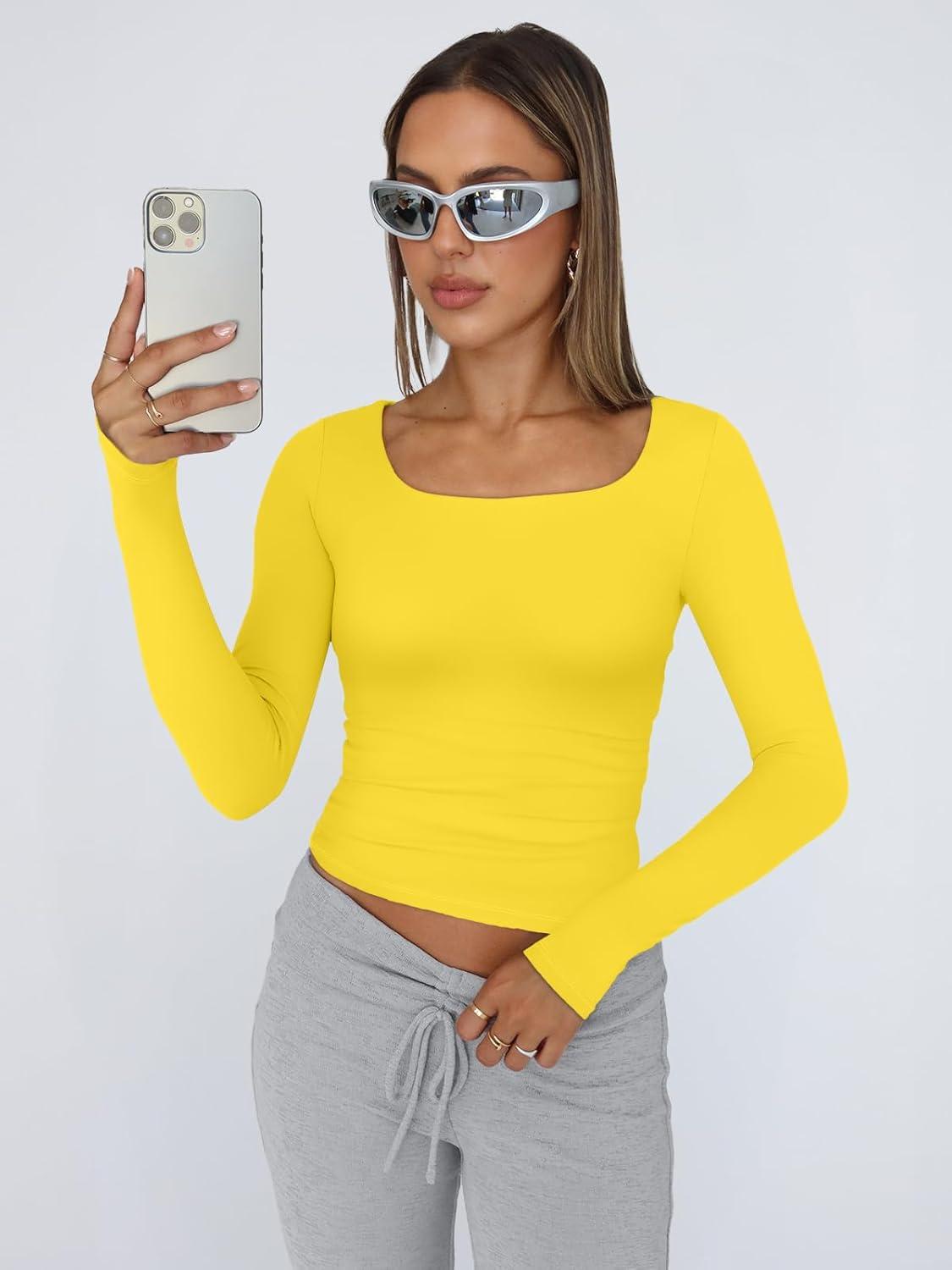 imageTrendy Queen Womens Long Sleeve Shirts Crop Tops Fall Fashion 2025 Square Neck Going Out Basics Tees Y2k ClothesYellow