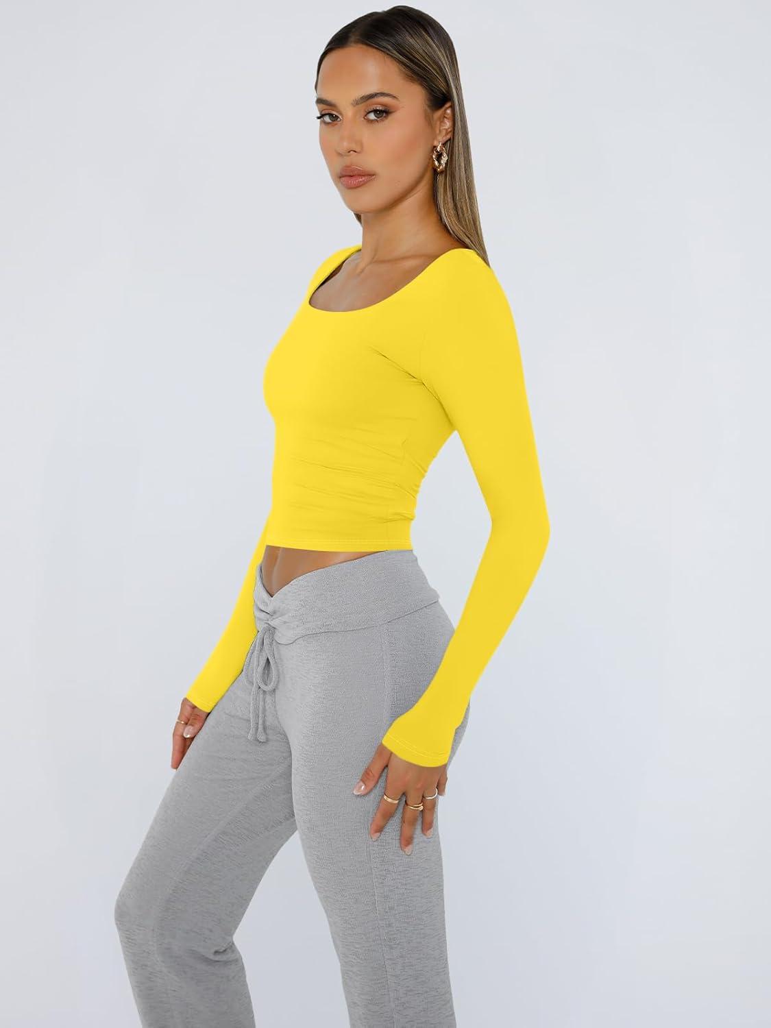 imageTrendy Queen Womens Long Sleeve Shirts Crop Tops Fall Fashion 2025 Square Neck Going Out Basics Tees Y2k ClothesYellow