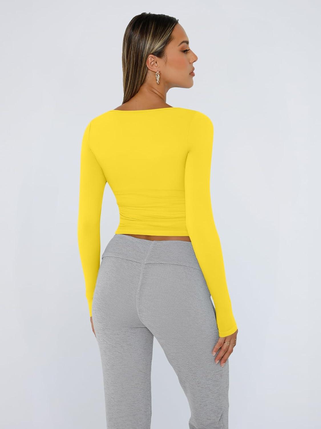 imageTrendy Queen Womens Long Sleeve Shirts Crop Tops Fall Fashion 2025 Square Neck Going Out Basics Tees Y2k ClothesYellow
