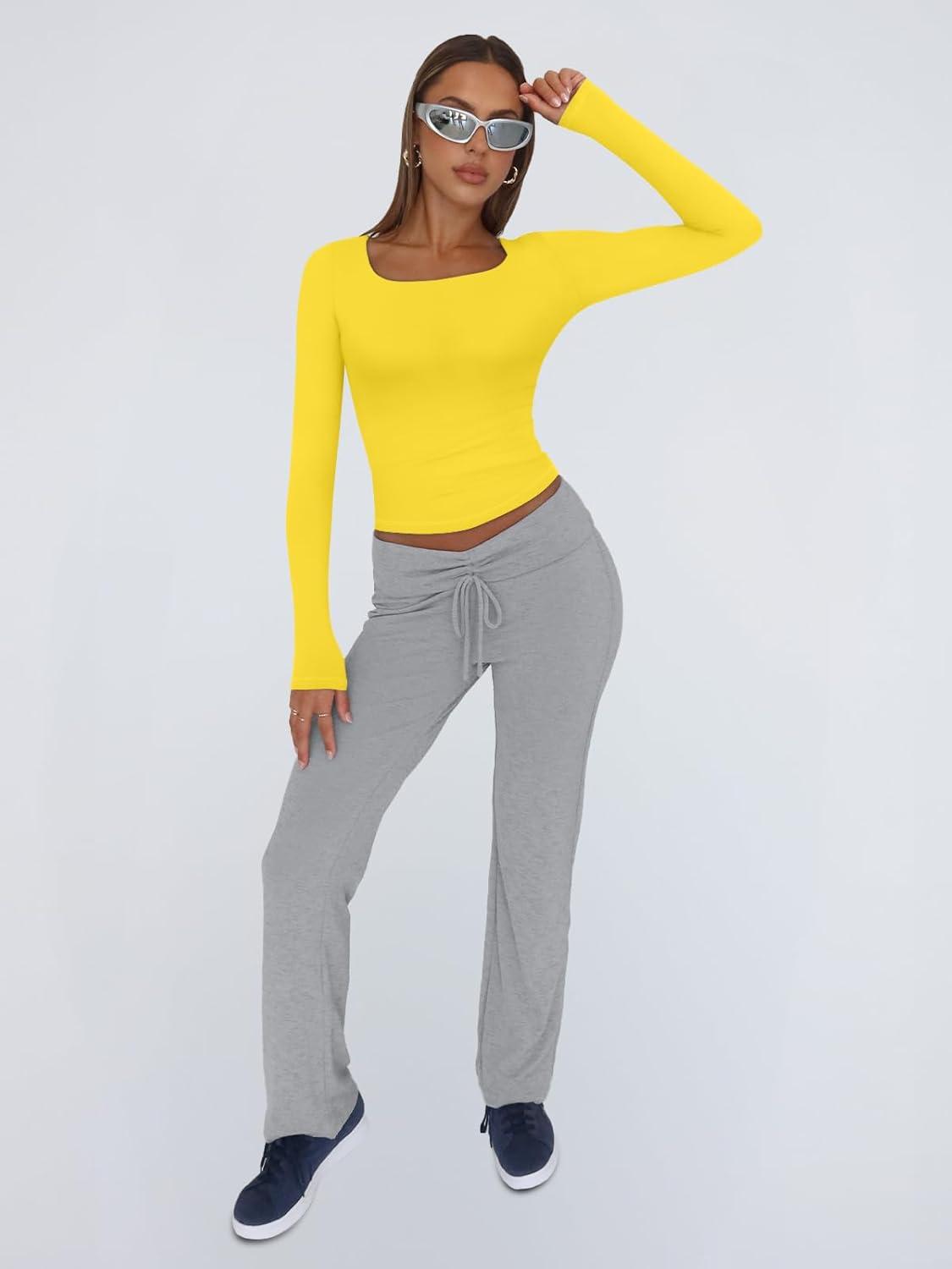 imageTrendy Queen Womens Long Sleeve Shirts Crop Tops Fall Fashion 2025 Square Neck Going Out Basics Tees Y2k ClothesYellow