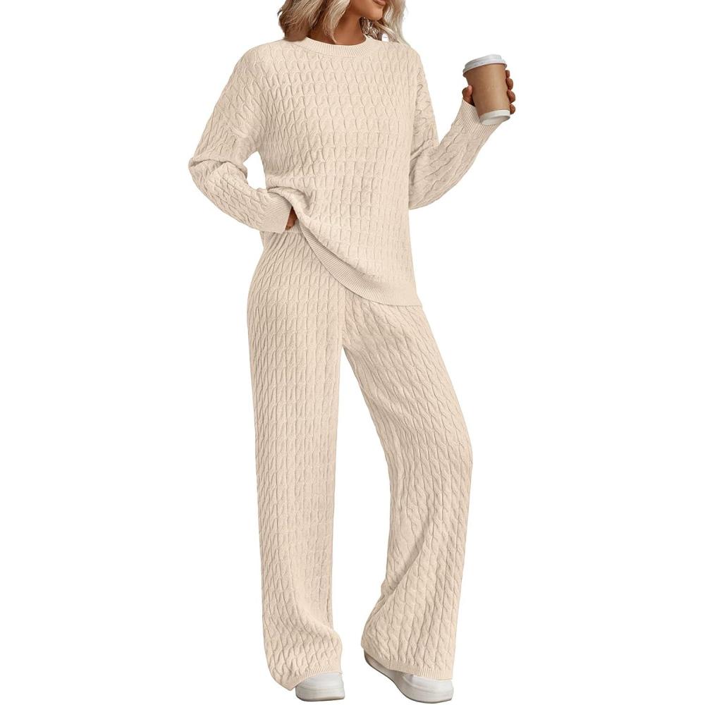 imageTrendy Queen Chunky Cable Knit Sweater Sets For Women 2 Piece Lounge Matching Winter Fall Outfits Casual Comfrt ClothingBeige