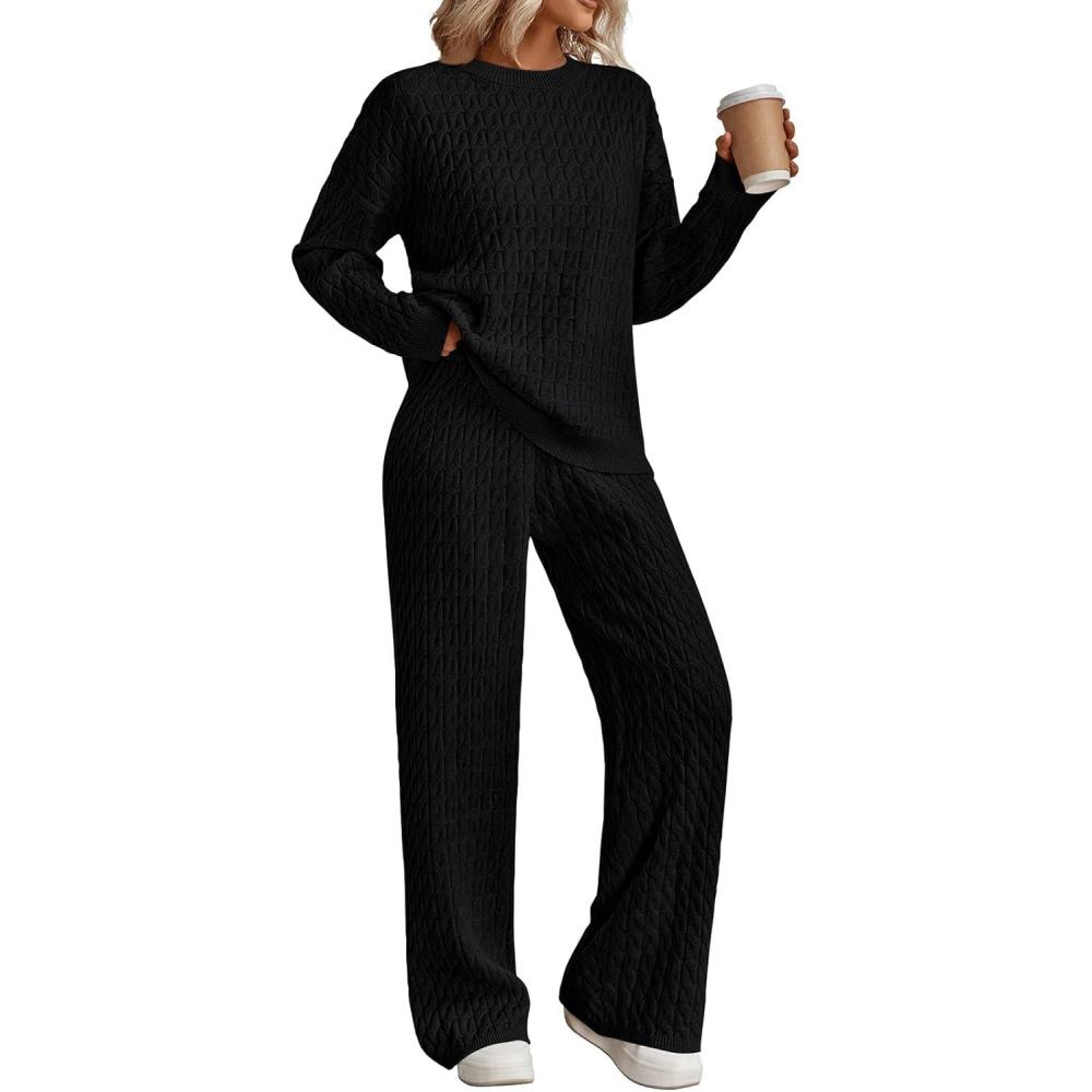 imageTrendy Queen Chunky Cable Knit Sweater Sets For Women 2 Piece Lounge Matching Winter Fall Outfits Casual Comfrt ClothingBlack