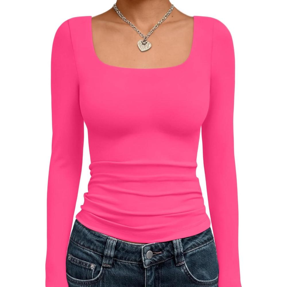 imageTrendy Queen Womens Long Sleeve Shirts Crop Tops Fall Fashion 2025 Square Neck Going Out Basics Tees Y2k ClothesBright Pink
