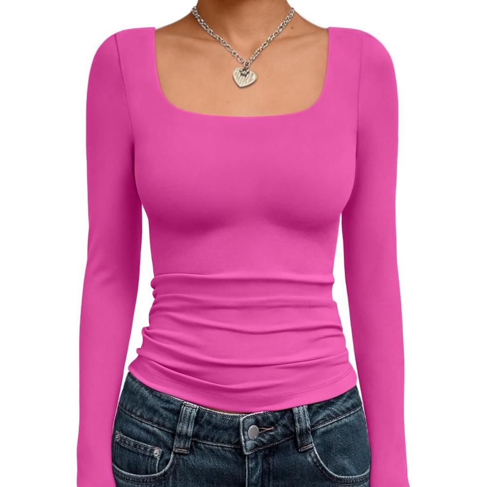 imageTrendy Queen Womens Long Sleeve Shirts Crop Tops Fall Fashion 2025 Square Neck Going Out Basics Tees Y2k ClothesHot Pink