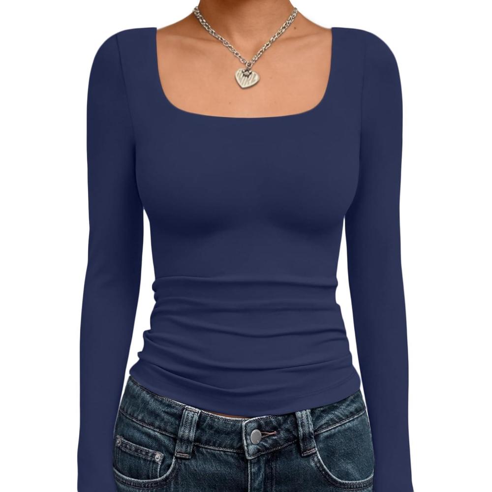 imageTrendy Queen Womens Long Sleeve Shirts Crop Tops Fall Fashion 2025 Square Neck Going Out Basics Tees Y2k ClothesNavy Blue
