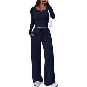 Trendy Queen 2 Piece Matching Lounge Sets for Women Fall Fashion 2025 Two Piece Outfits Henley Crop Tops Wide Leg Pants(Navy)