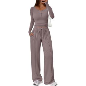 Trendy Queen 2 Piece Matching Lounge Sets for Women Fall Fashion 2025 Two Piece Outfits Henley Crop Tops Wide Leg Pants(Rose Taupe)