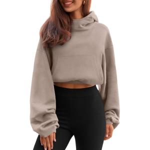 Trendy Queen Womens Cropped Hoodie Long Sleeve Sweatshirts Fall Fashion 2024 Casual Y2k Outfits Winter Clothes(Coffee Grey)