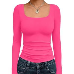 Trendy Queen Womens Long Sleeve Shirts Crop Tops Fall Fashion 2025 Square Neck Going Out Basics Tees Y2k Clothes(Bright Pink)