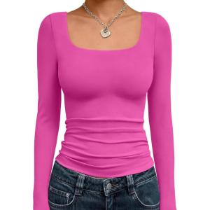 Trendy Queen Womens Long Sleeve Shirts Crop Tops Fall Fashion 2025 Square Neck Going Out Basics Tees Y2k Clothes(Hot Pink)