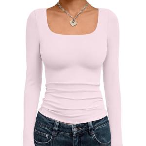 Trendy Queen Womens Long Sleeve Shirts Crop Tops Fall Fashion 2025 Square Neck Going Out Basics Tees Y2k Clothes(Light Pink)