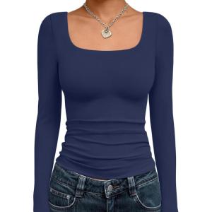 Trendy Queen Womens Long Sleeve Shirts Crop Tops Fall Fashion 2025 Square Neck Going Out Basics Tees Y2k Clothes(Navy Blue)
